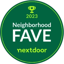 2023 Neighborhood Fave Nextdoor award badge with trophy icon in green and yellow